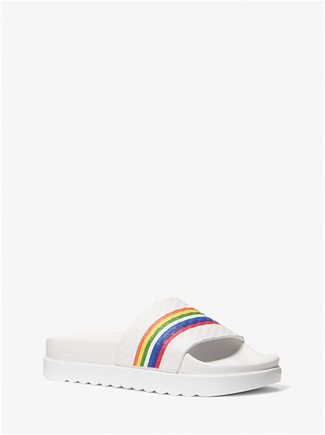 Tyra Rainbow Stripe Embossed Leather Slide Sandal 